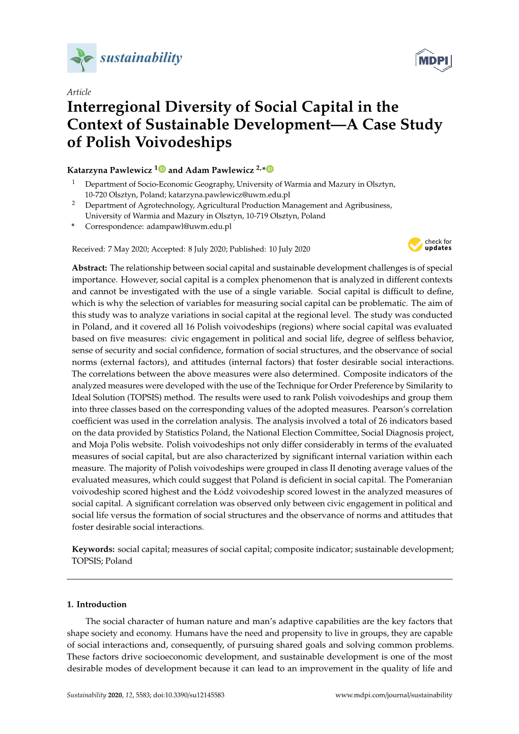 Interregional Diversity of Social Capital in the Context of Sustainable Development—A Case Study of Polish Voivodeships