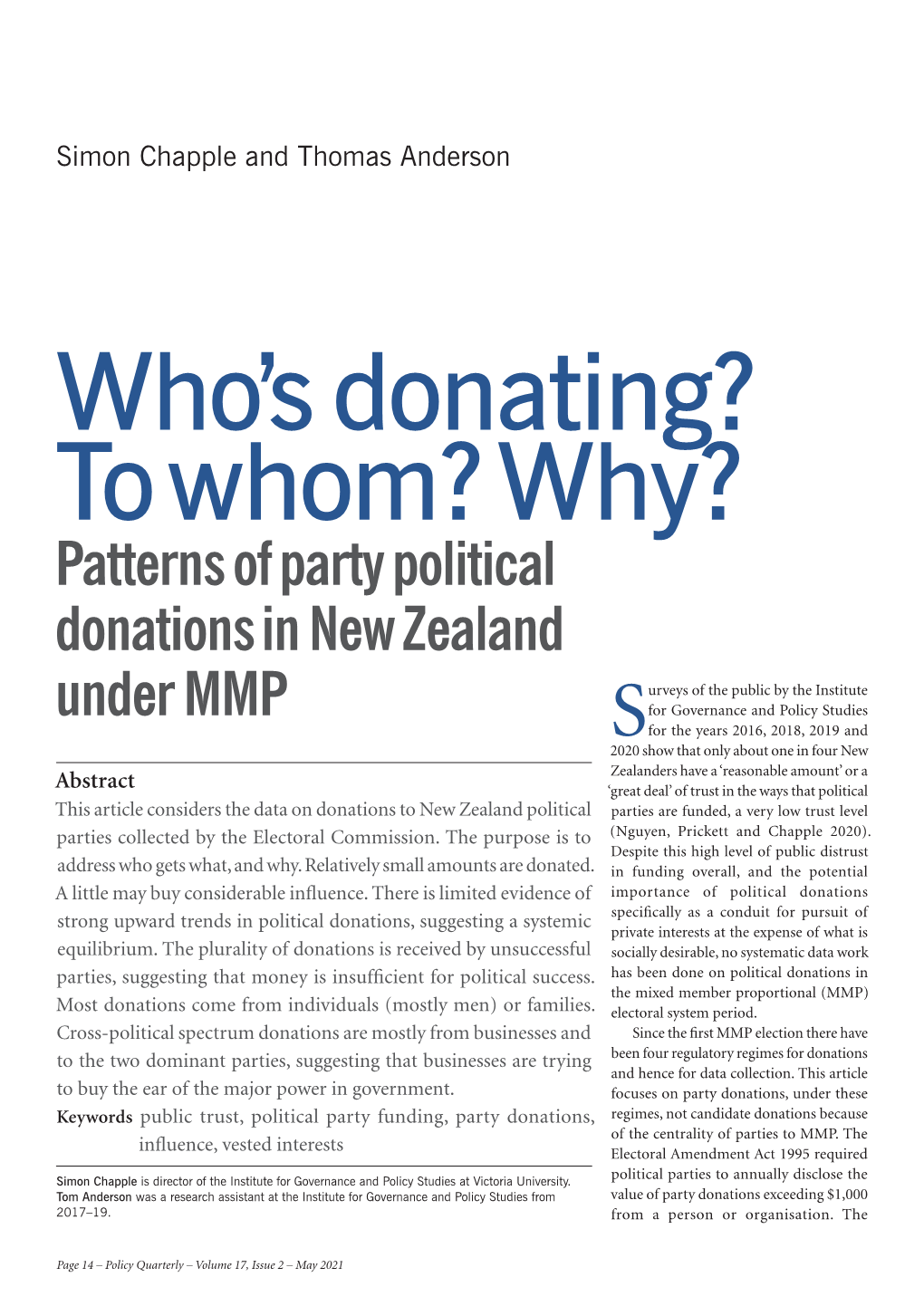 Patterns of Party Political Donations in New Zealand Under MMP