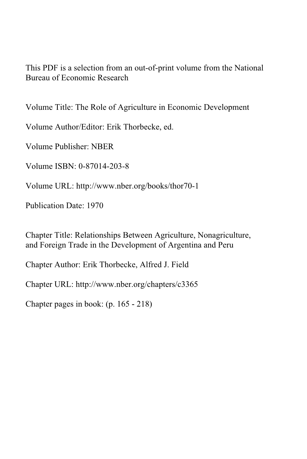 Relationships Between Agriculture, Nonagriculture, and Foreign Trade in the Development of Argentina and Peru