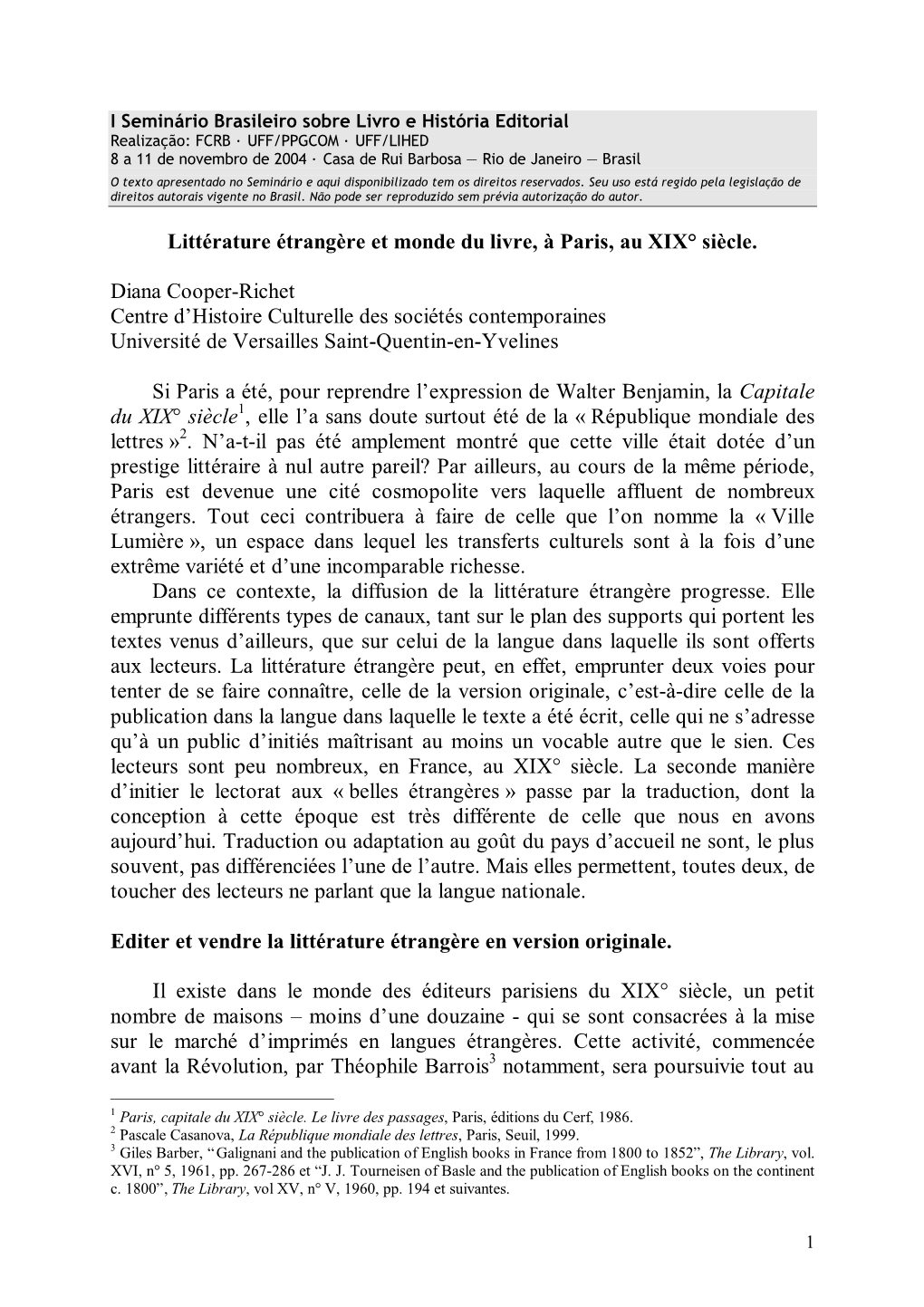 Littérature Étrangère Et Monde Du Livre, À Paris, Au XIX° Siècle. Diana