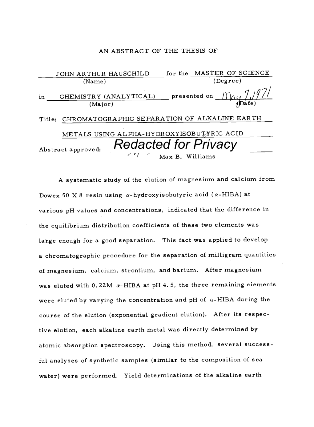 Chromatographic Separation of Alkaline Earth Metals Using Alpha-Hydroxyisobutyric Acid