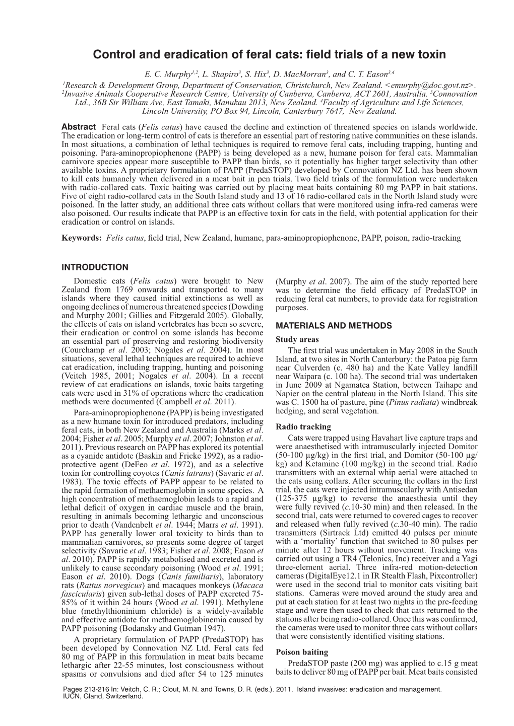 Control and Eradication of Feral Cats: Field Trials of a New Toxin