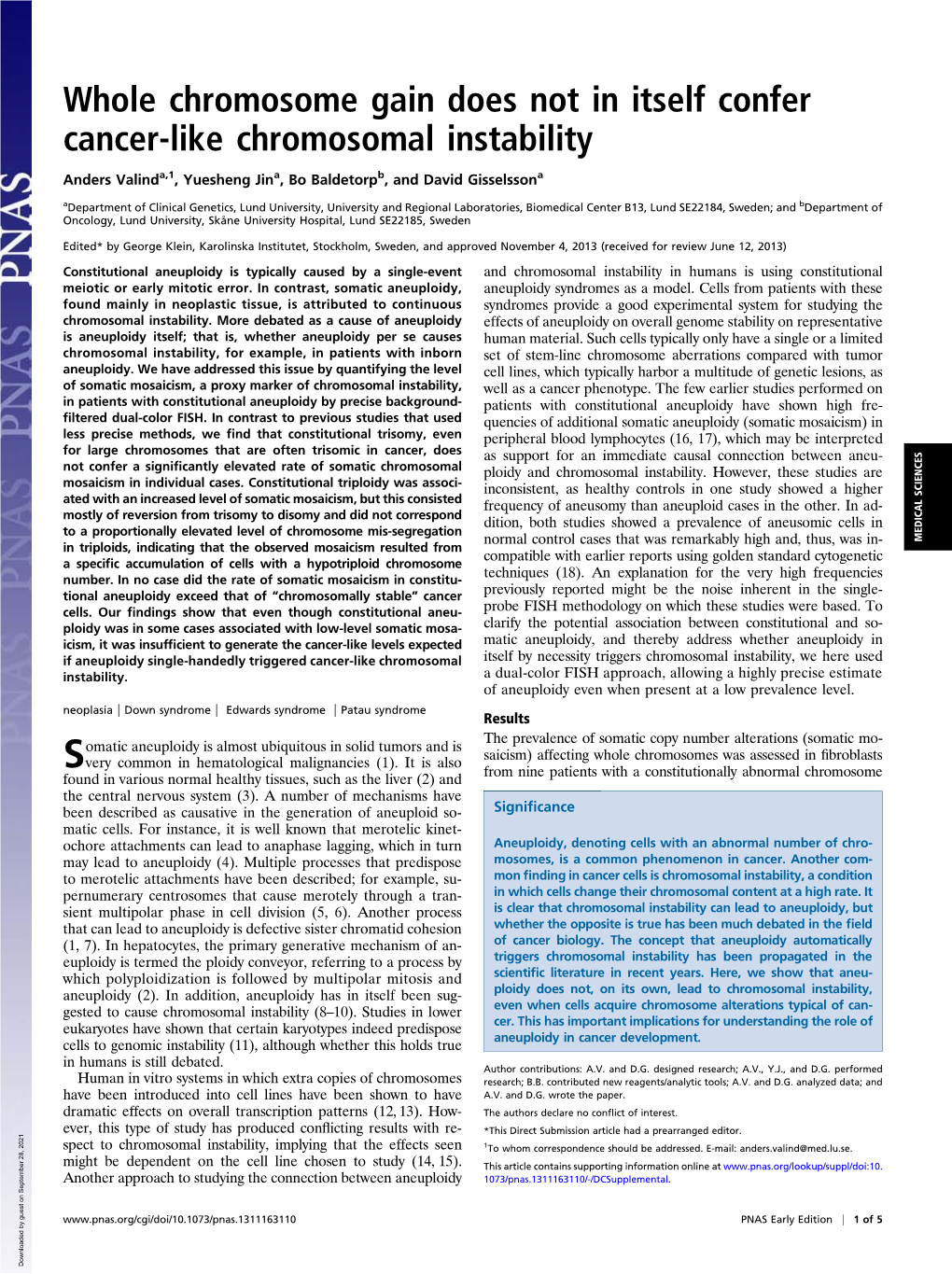 Whole Chromosome Gain Does Not in Itself Confer Cancer-Like Chromosomal Instability