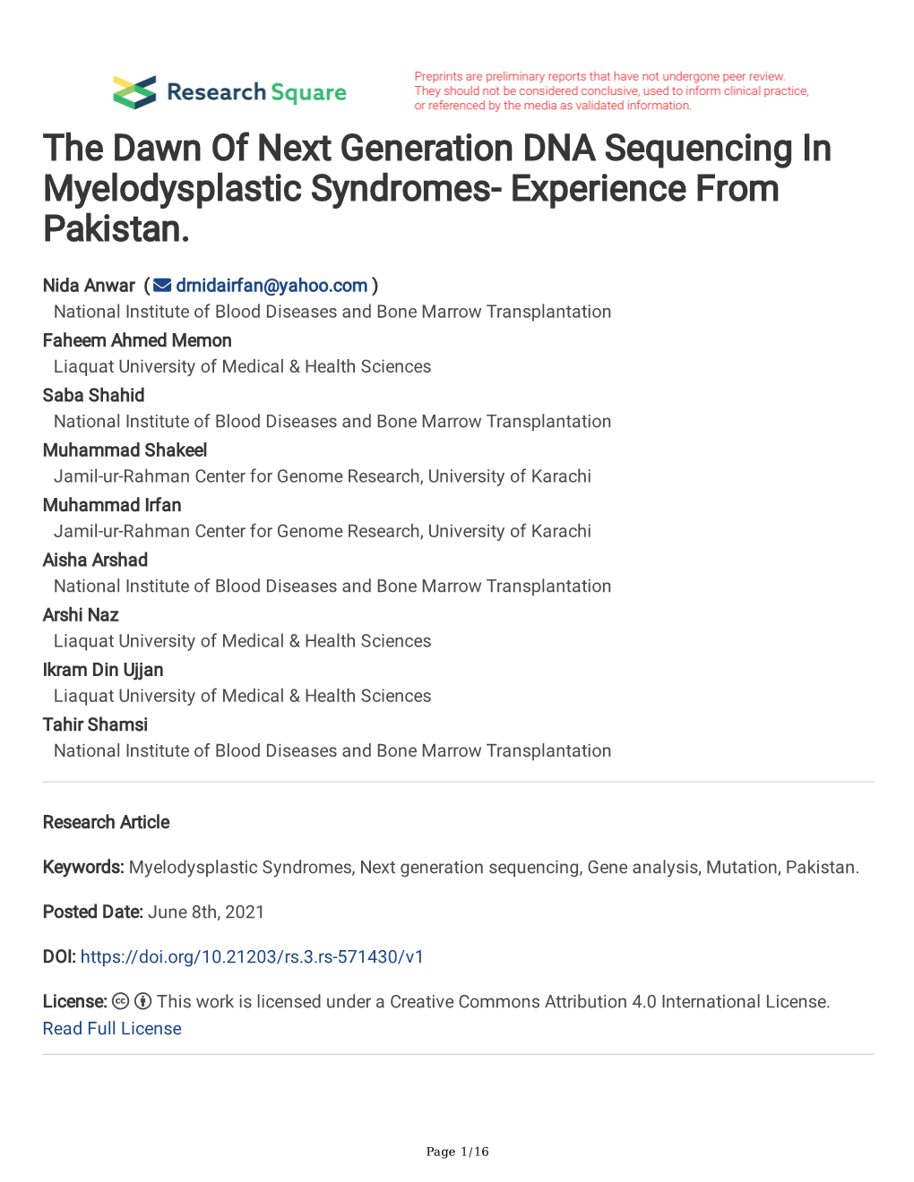 The Dawn of Next Generation DNA Sequencing in Myelodysplastic Syndromes- Experience from Pakistan