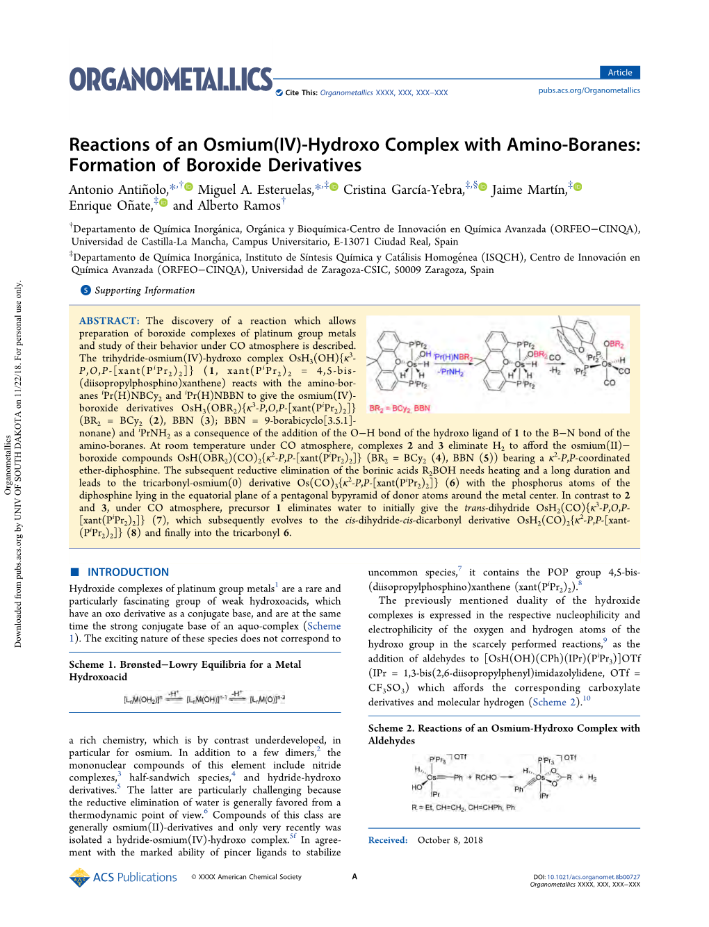 Reactions of an Osmium(IV)-Hydroxo Complex with Amino-Boranes: Formation of Boroxide Derivatives † ‡ ‡ § ‡ Antonio Antiñolo,*, Miguel A