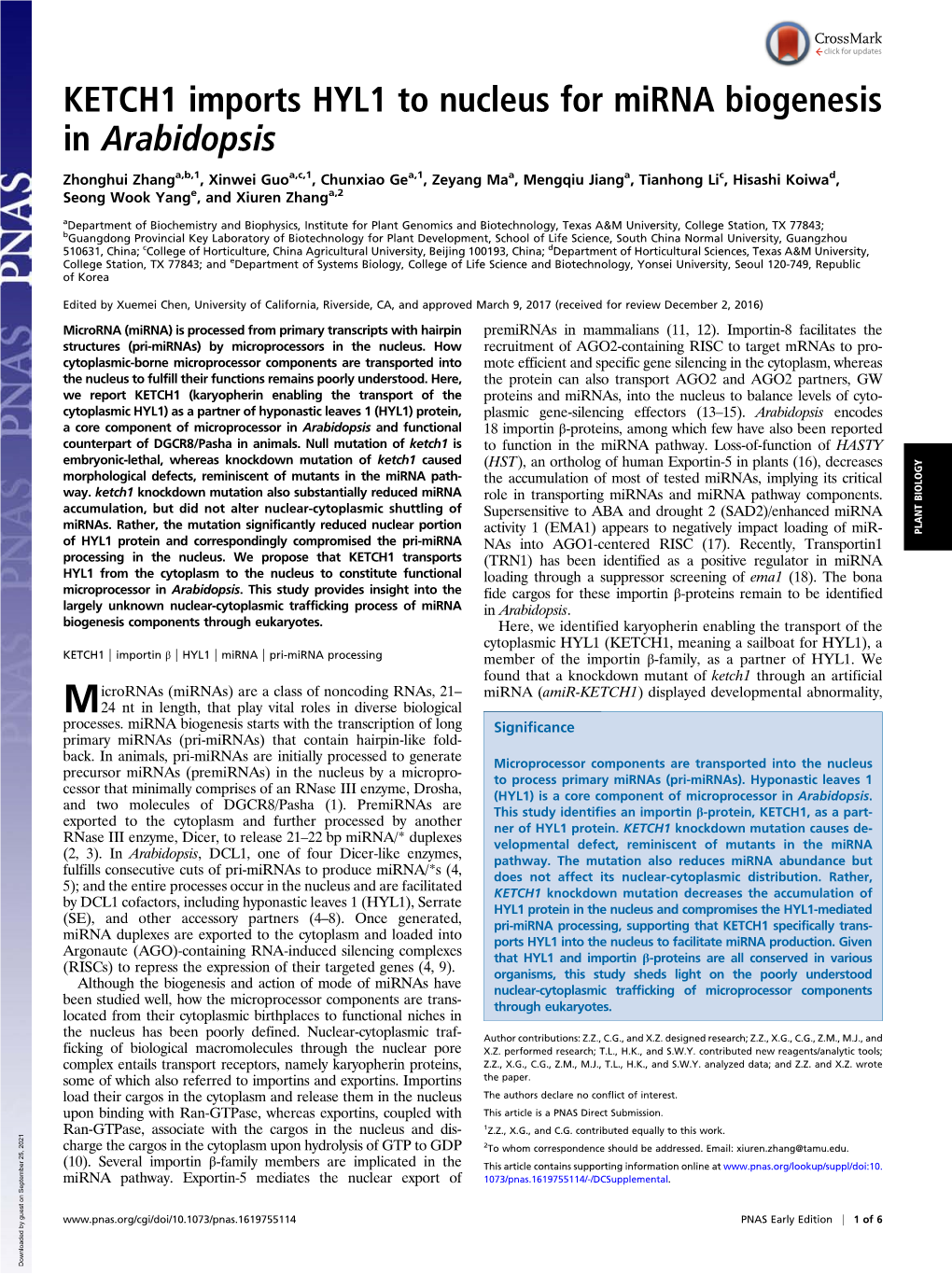 KETCH1 Imports HYL1 to Nucleus for Mirna Biogenesis in Arabidopsis