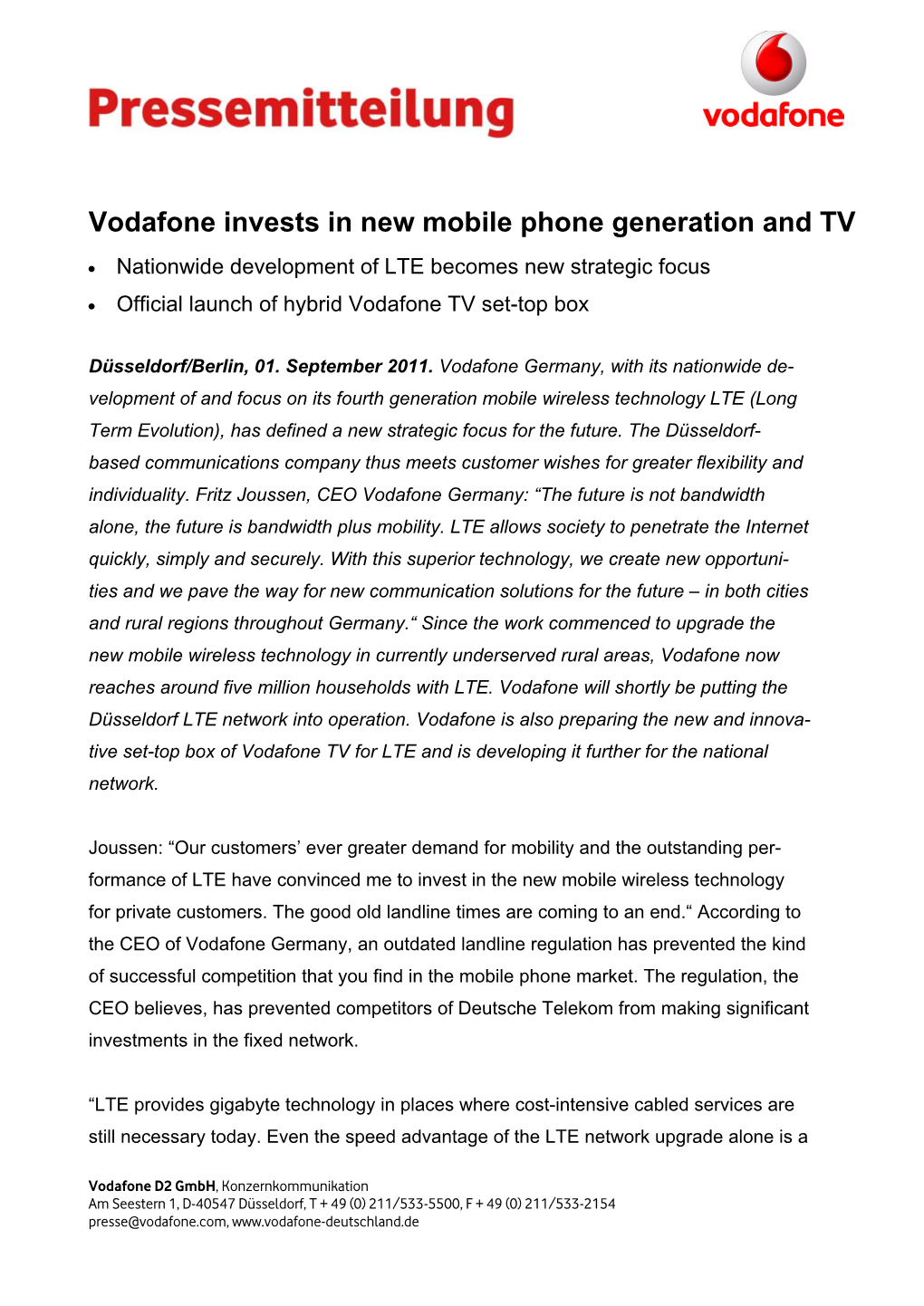 Vodafone Invests in New Mobile Phone Generation and TV