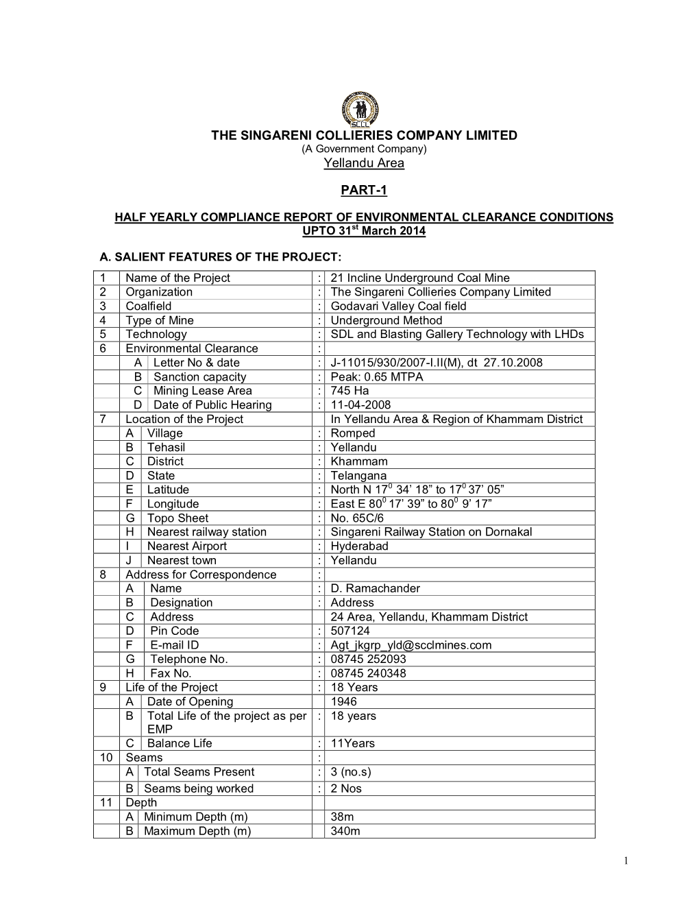 THE SINGARENI COLLIERIES COMPANY LIMITED Yellandu Area