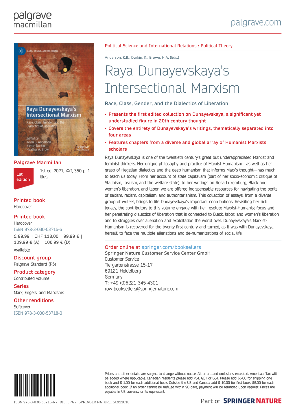 Raya Dunayevskaya's Intersectional Marxism Race, Class, Gender, and the Dialectics of Liberation