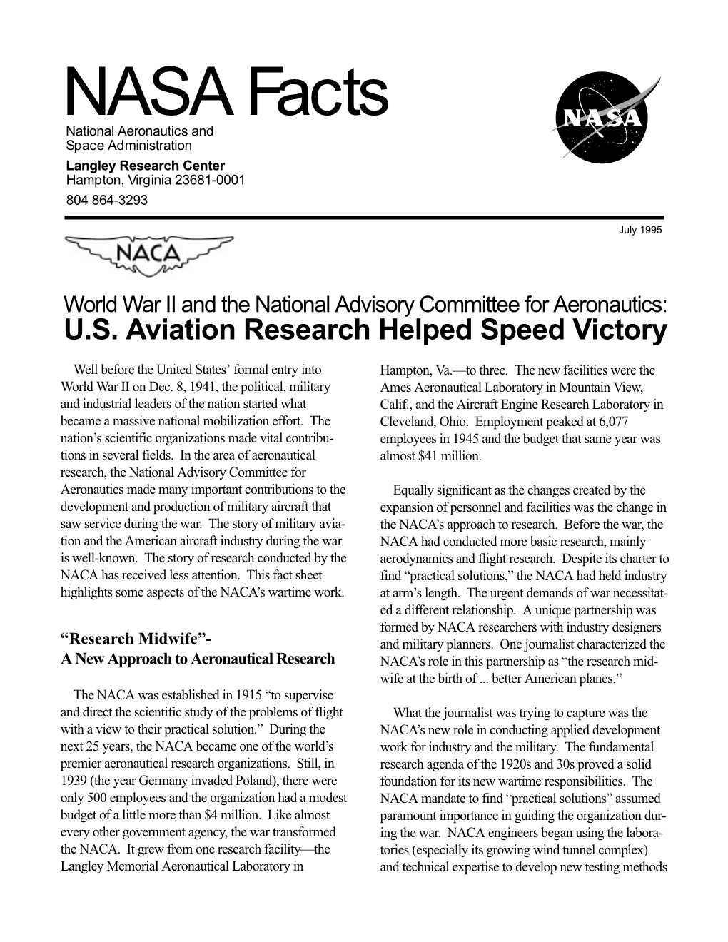 NASA Facts National Aeronautics and Space Administration Langley Research Center Hampton, Virginia 23681-0001 804 864-3293