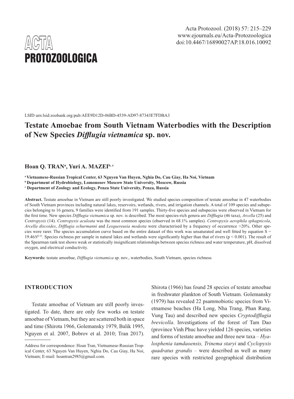 Testate Amoebae from South Vietnam Waterbodies with the Description of New Species Difflugia Vietnamicasp