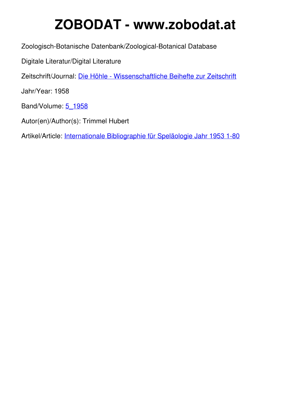 Internationale Bibliographie Für Speläologie Jahr 1953 1-80 Wissenschaftliche Beihefte Zur Zeitschrift „Die Höhle44 Nr