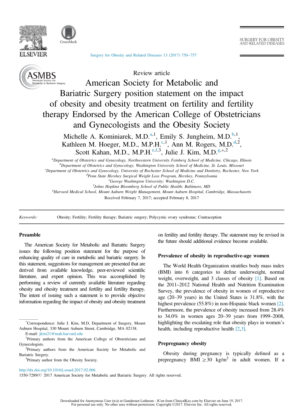 American Society for Metabolic and Bariatric Surgery Position Statement