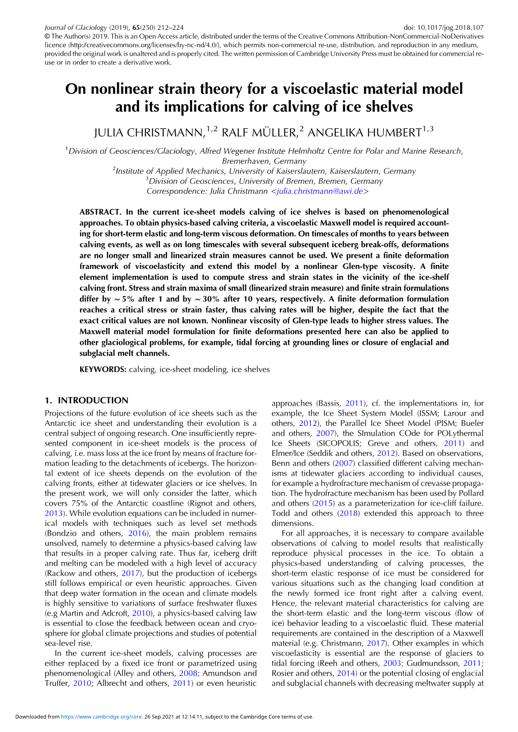 On Nonlinear Strain Theory for a Viscoelastic Material Model and Its Implications for Calving of Ice Shelves