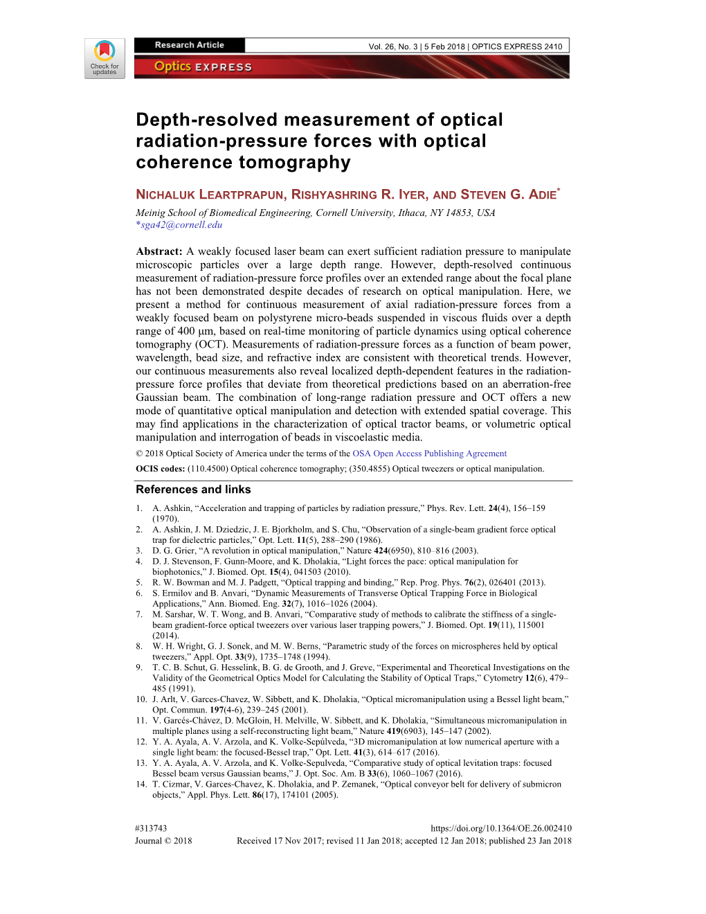 Depth-Resolved Measurement of Optical Radiation-Pressure Forces with Optical Coherence Tomography