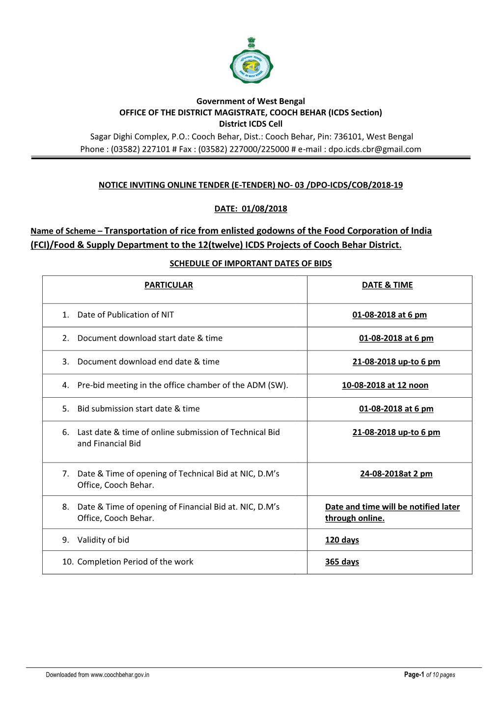 Name of Scheme – Transportation of Rice from Enlisted Godowns of the Food Corporation of India (FCI)/Food & Supply Departm