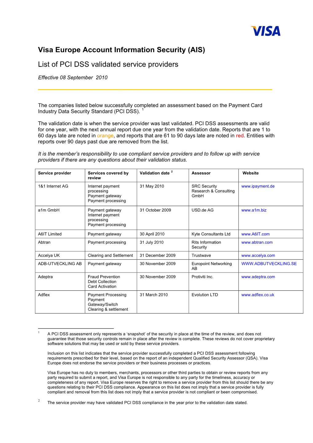 VISA Europe AIS Certified Service Providers