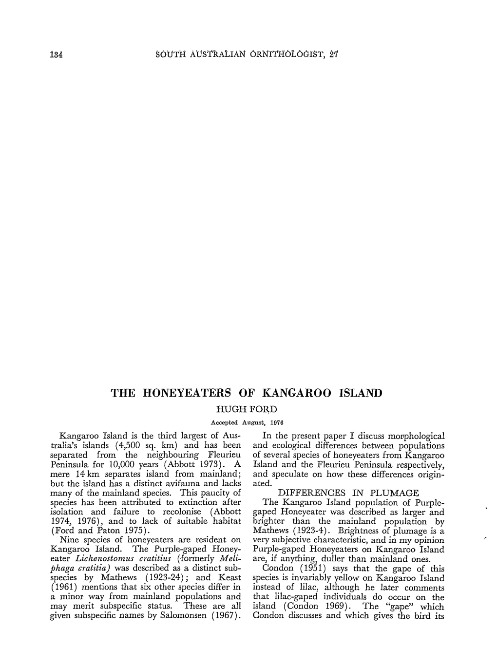 THE HONEYEATERS of KANGAROO ISLAND HUGH FOB,D Accepted August