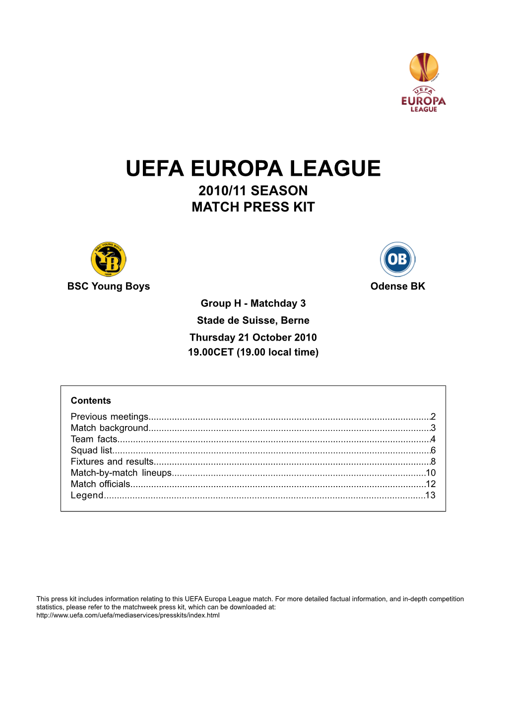 Uefa Europa League 2010/11 Season Match Press Kit