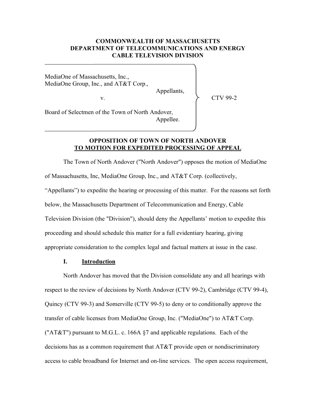 Commonwealth of Massachusetts Department of Telecommunications and Energy Cable Television Division