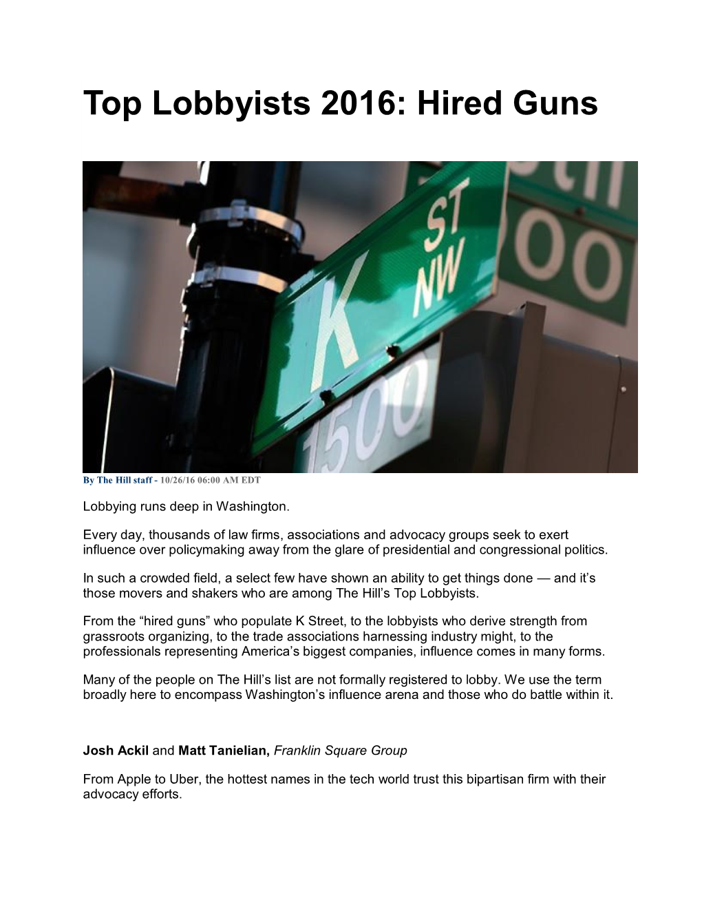 Top Lobbyists 2016: Hired Guns