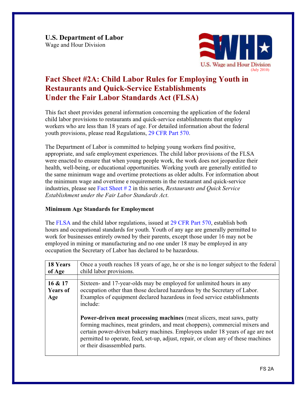 Child Labor Rules for Employing Youth in Restaurants and Quick-Service Establishments Under the Fair Labor Standards Act (FLSA)