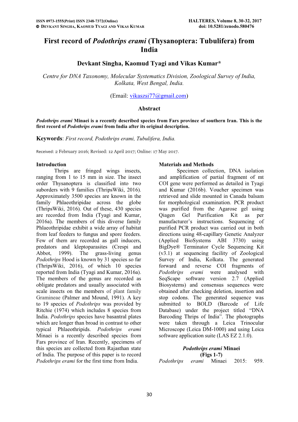 First Record of Podothrips Erami (Thysanoptera: Tubulifera) from India