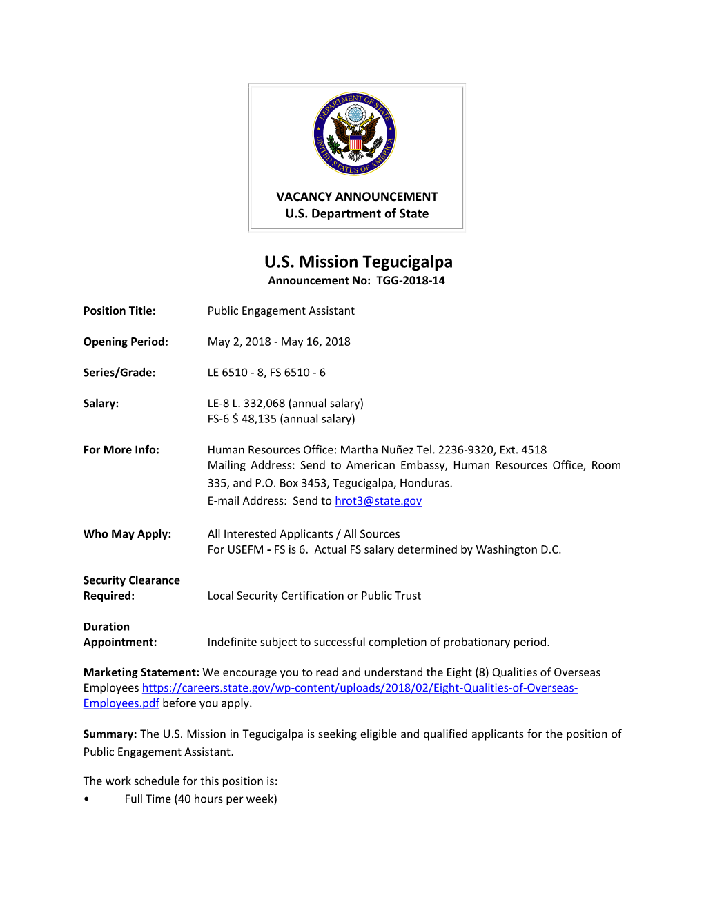 U.S. Mission Tegucigalpa Announcement No: TGG-2018-14