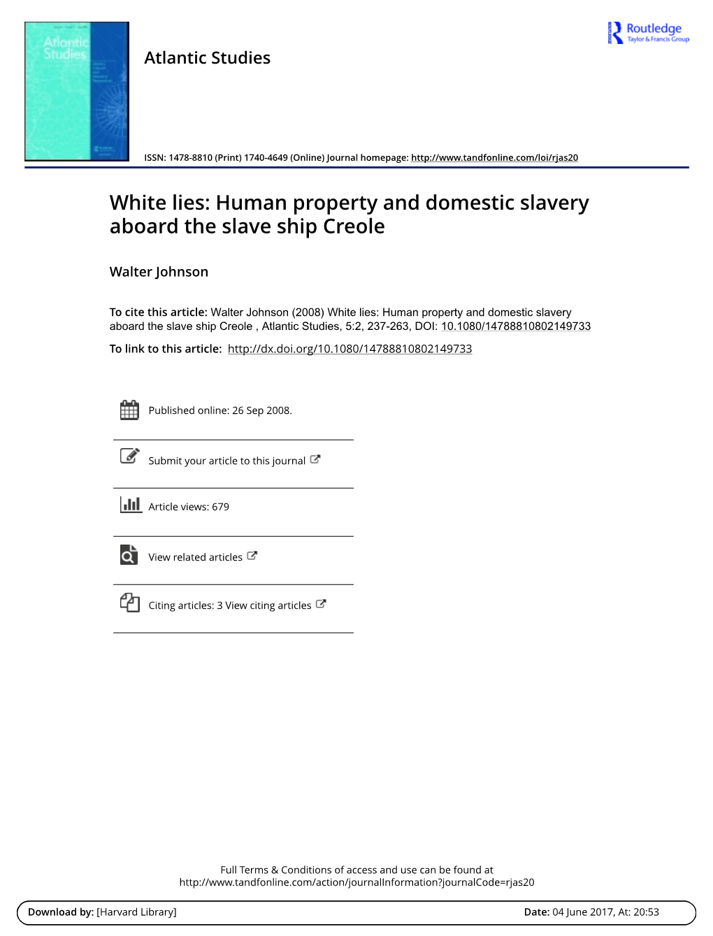 White Lies: Human Property and Domestic Slavery Aboard the Slave Ship Creole