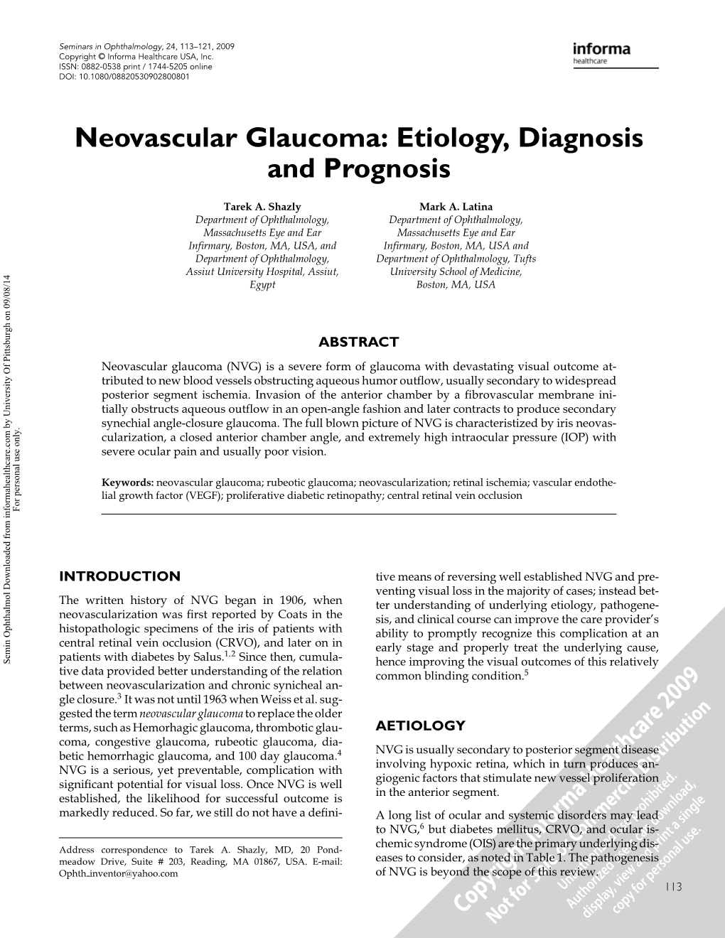 Neovascular Glaucoma: Etiology, Diagnosis and Prognosis