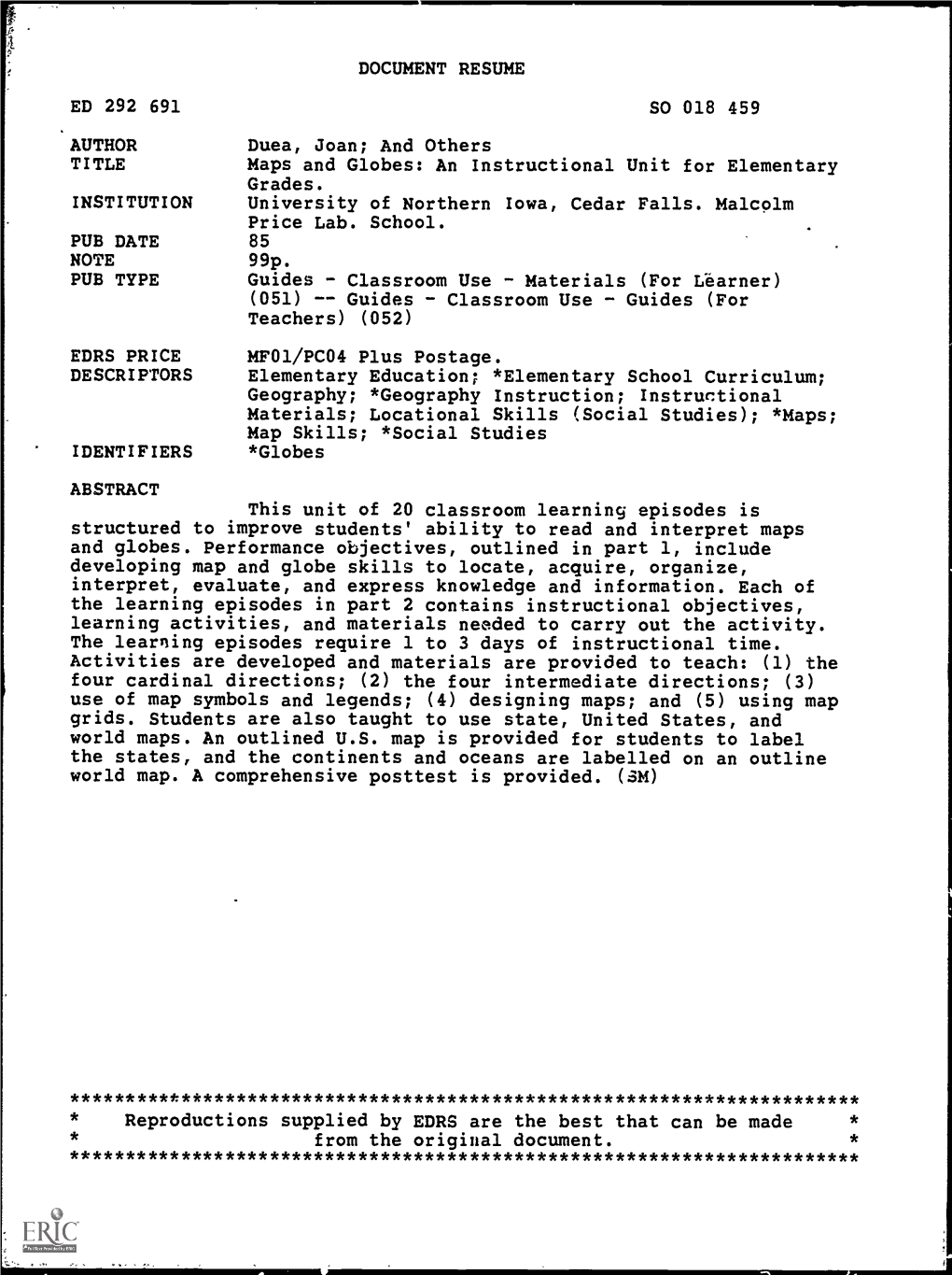 Maps and Globes: an Instructional Unit for Elementary Grades. INSTITUTION University of Northern Iowa, Cedar Falls