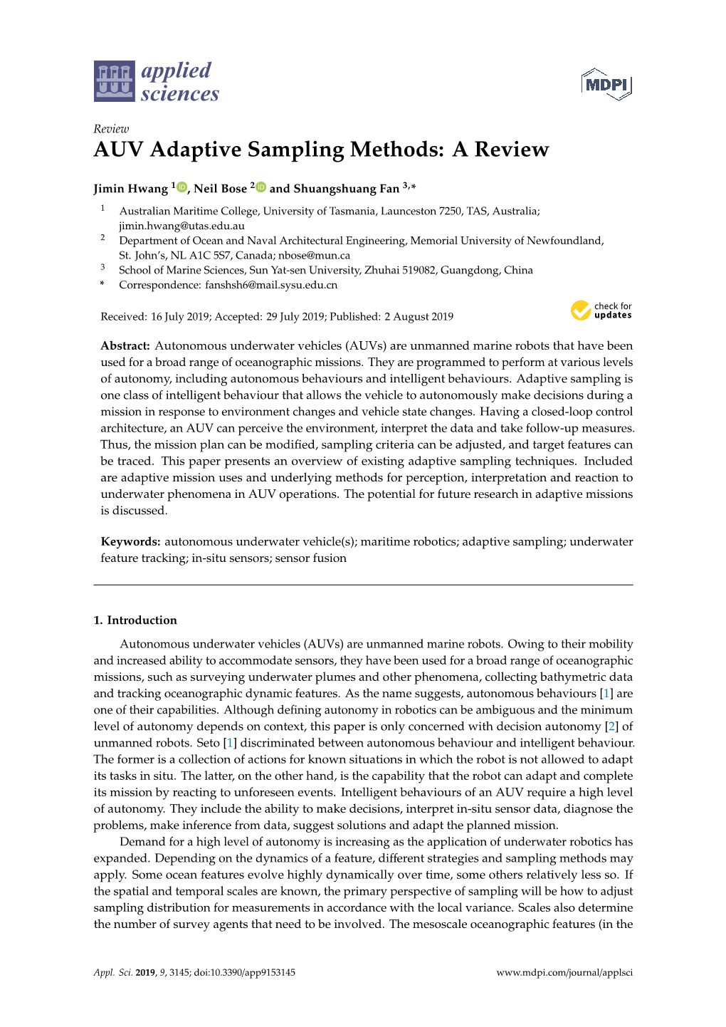 AUV Adaptive Sampling Methods: a Review