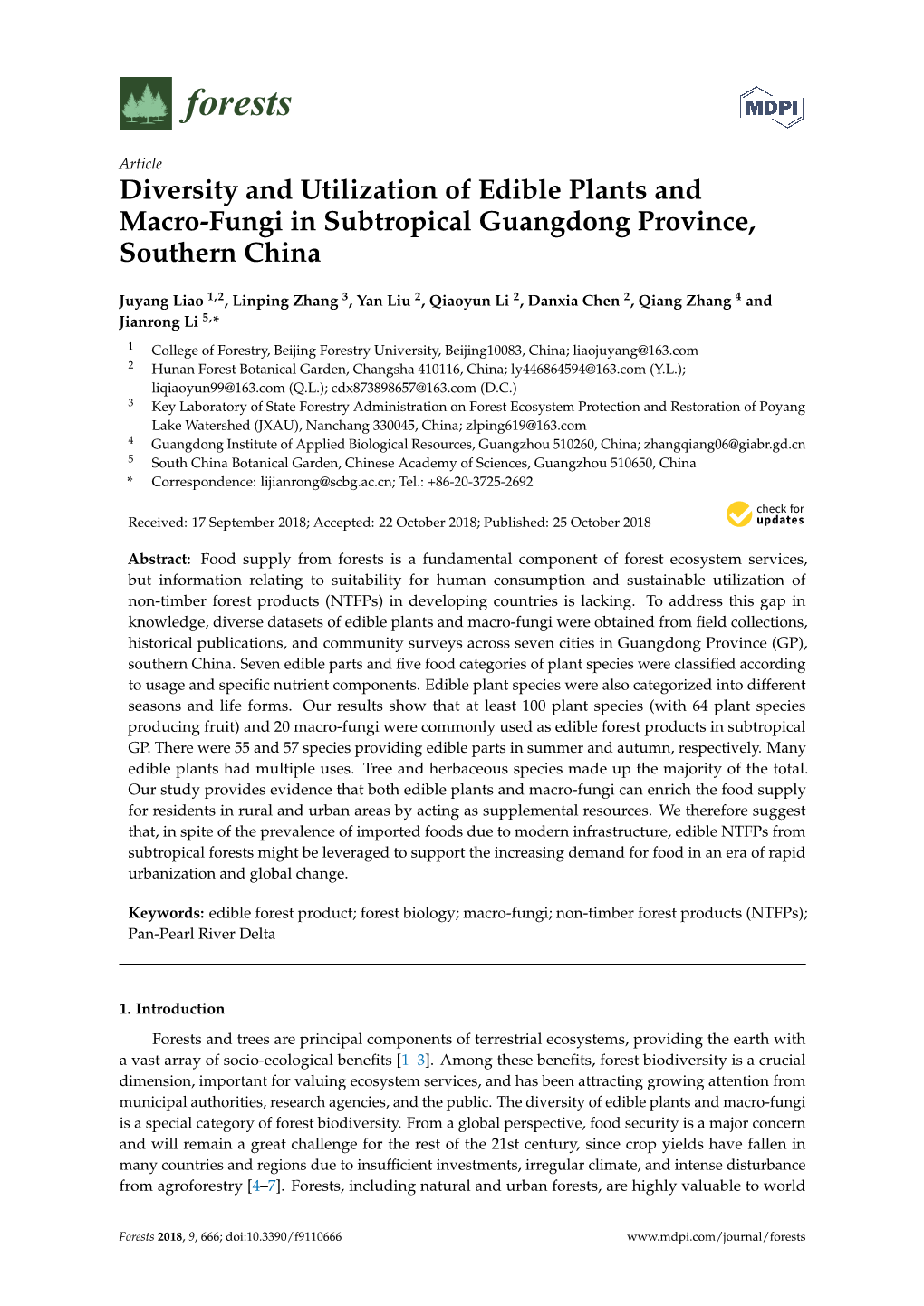 Diversity and Utilization of Edible Plants and Macro-Fungi in Subtropical Guangdong Province, Southern China