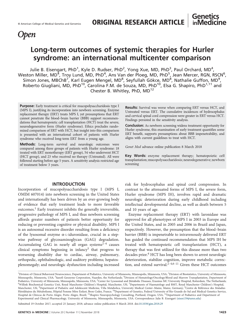 Long-Term Outcomes of Systemic Therapies for Hurler Syndrome: an International Multicenter Comparison