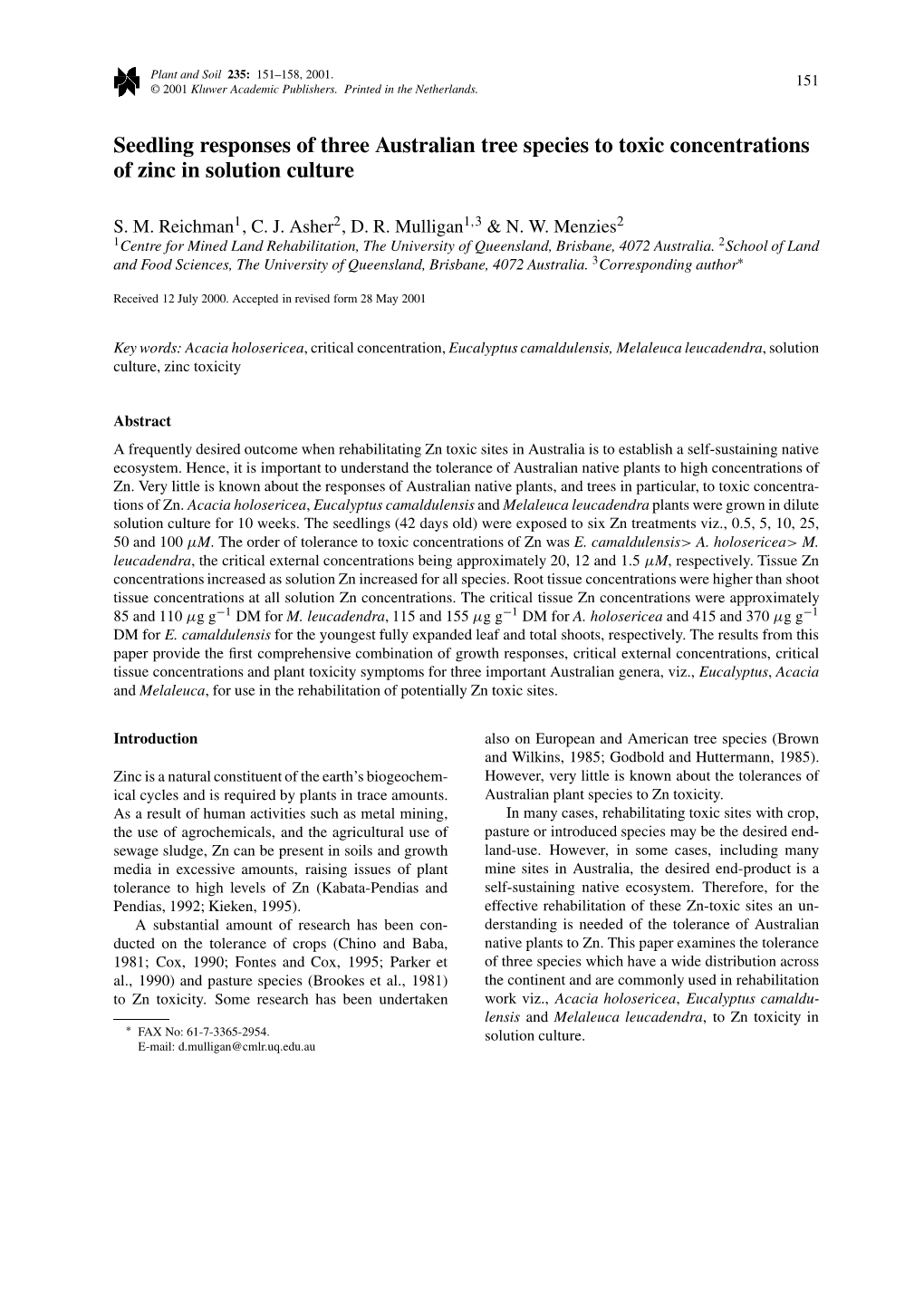 Seedling Responses of Three Australian Tree Species to Toxic Concentrations of Zinc in Solution Culture