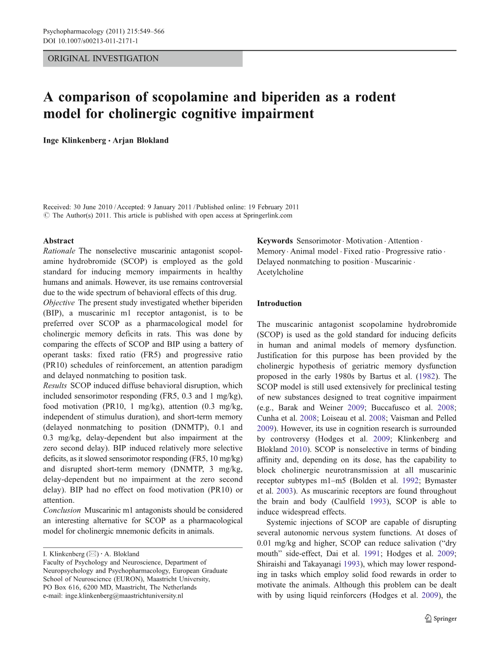 A Comparison of Scopolamine and Biperiden As a Rodent Model for Cholinergic Cognitive Impairment