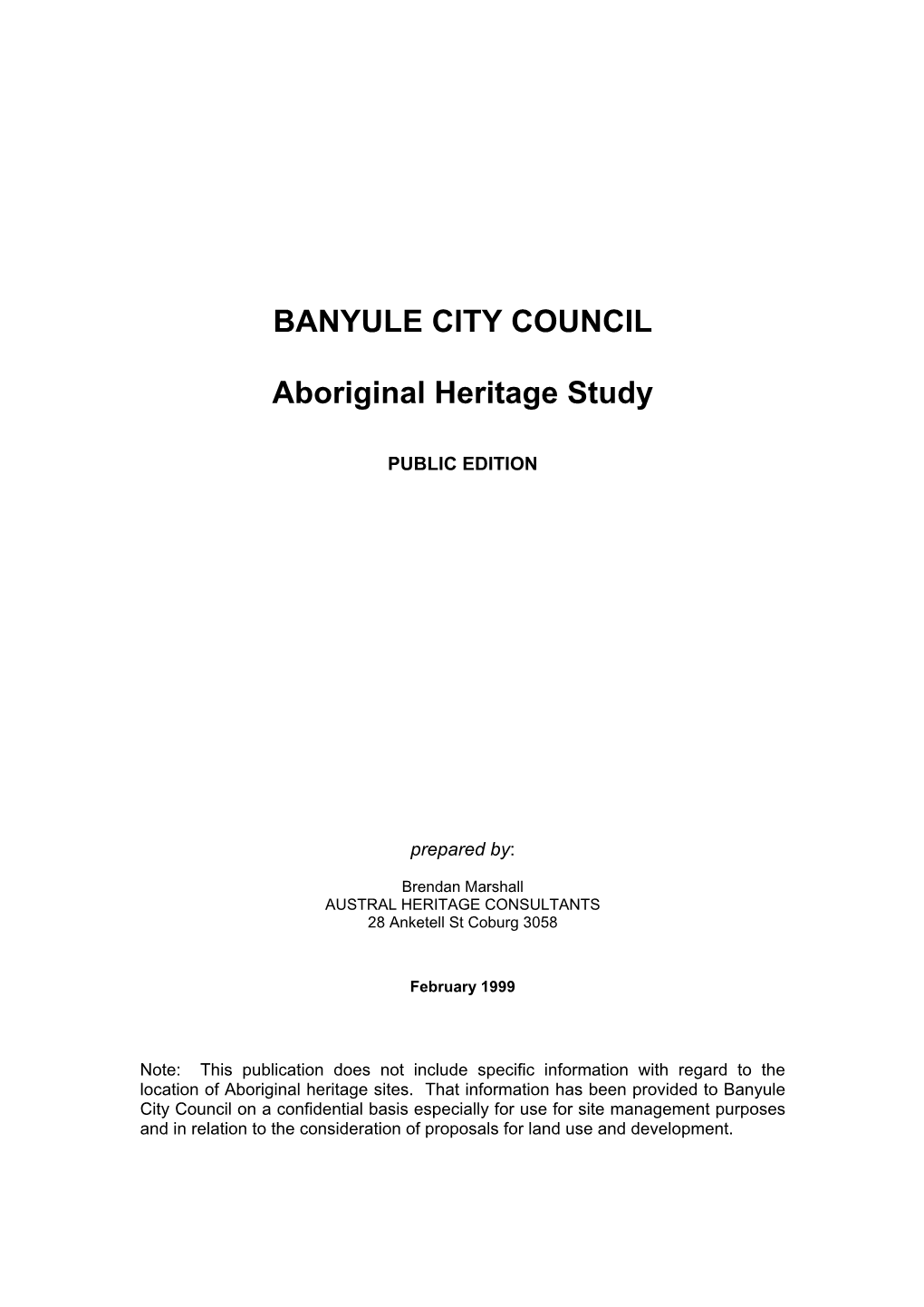 Banyule City Council Aboriginal Heritage Study (1999)