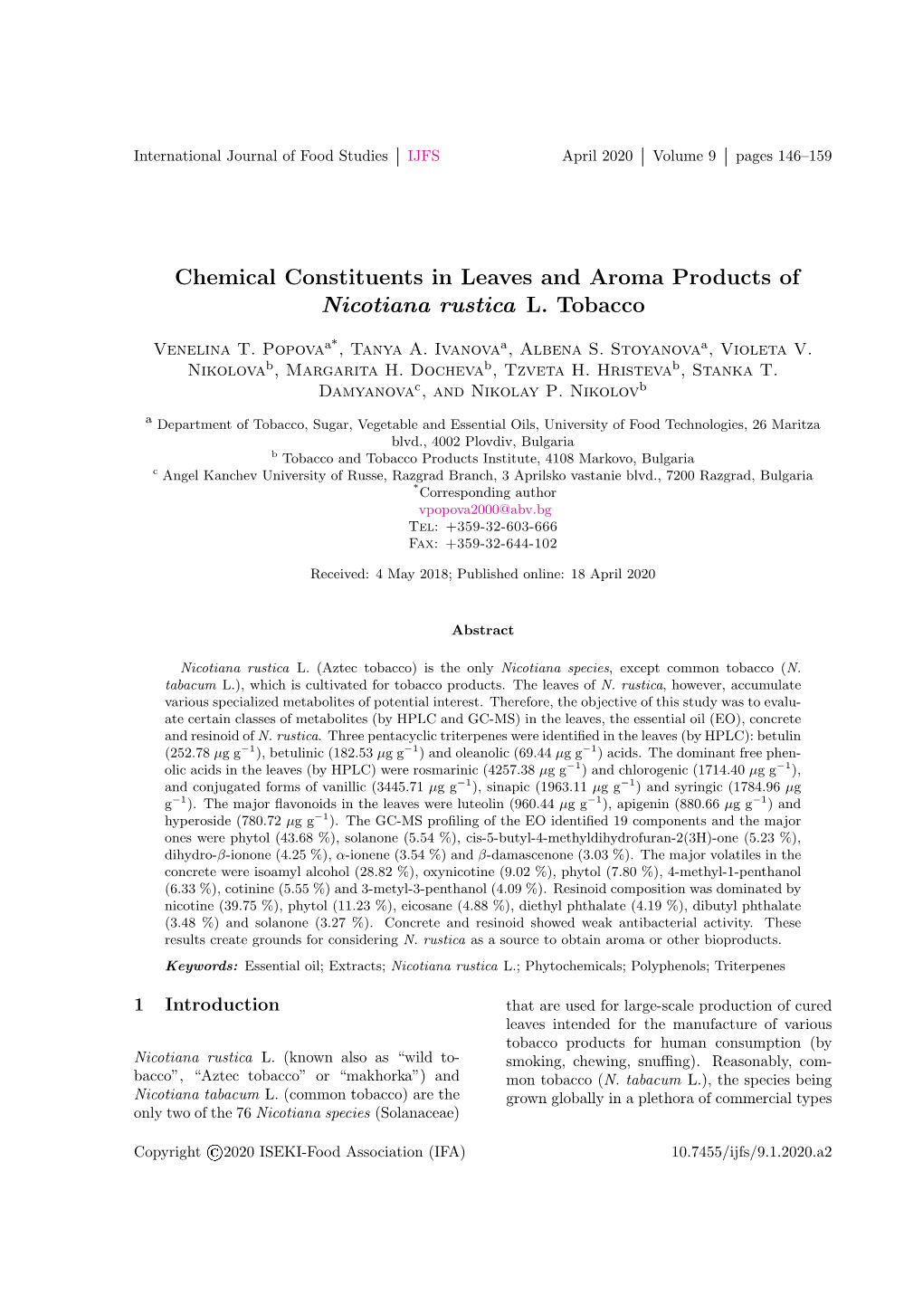 Chemical Constituents in Leaves and Aroma Products of Nicotiana Rustica L