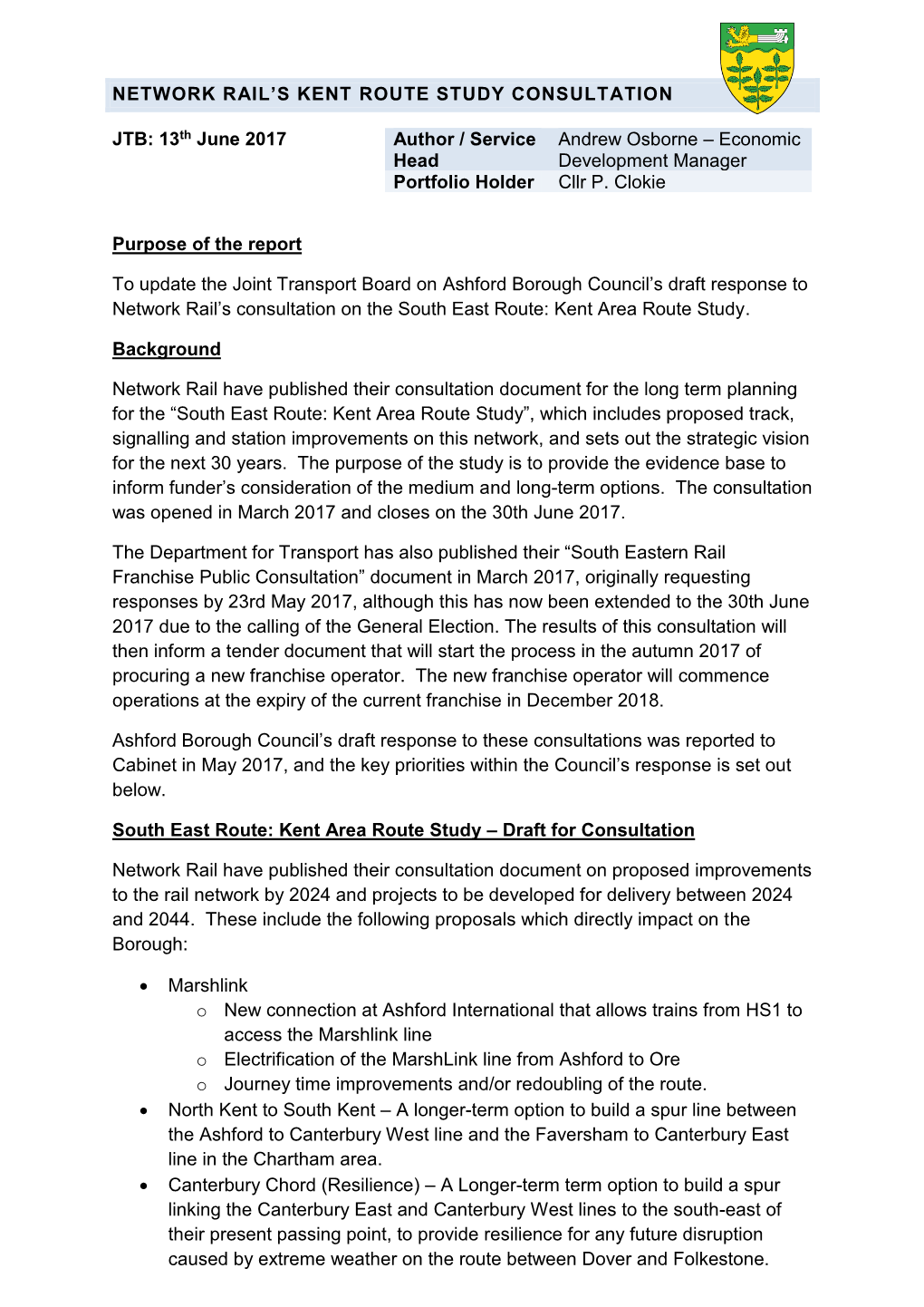 NETWORK RAIL's KENT ROUTE STUDY CONSULTATION JTB: 13Th