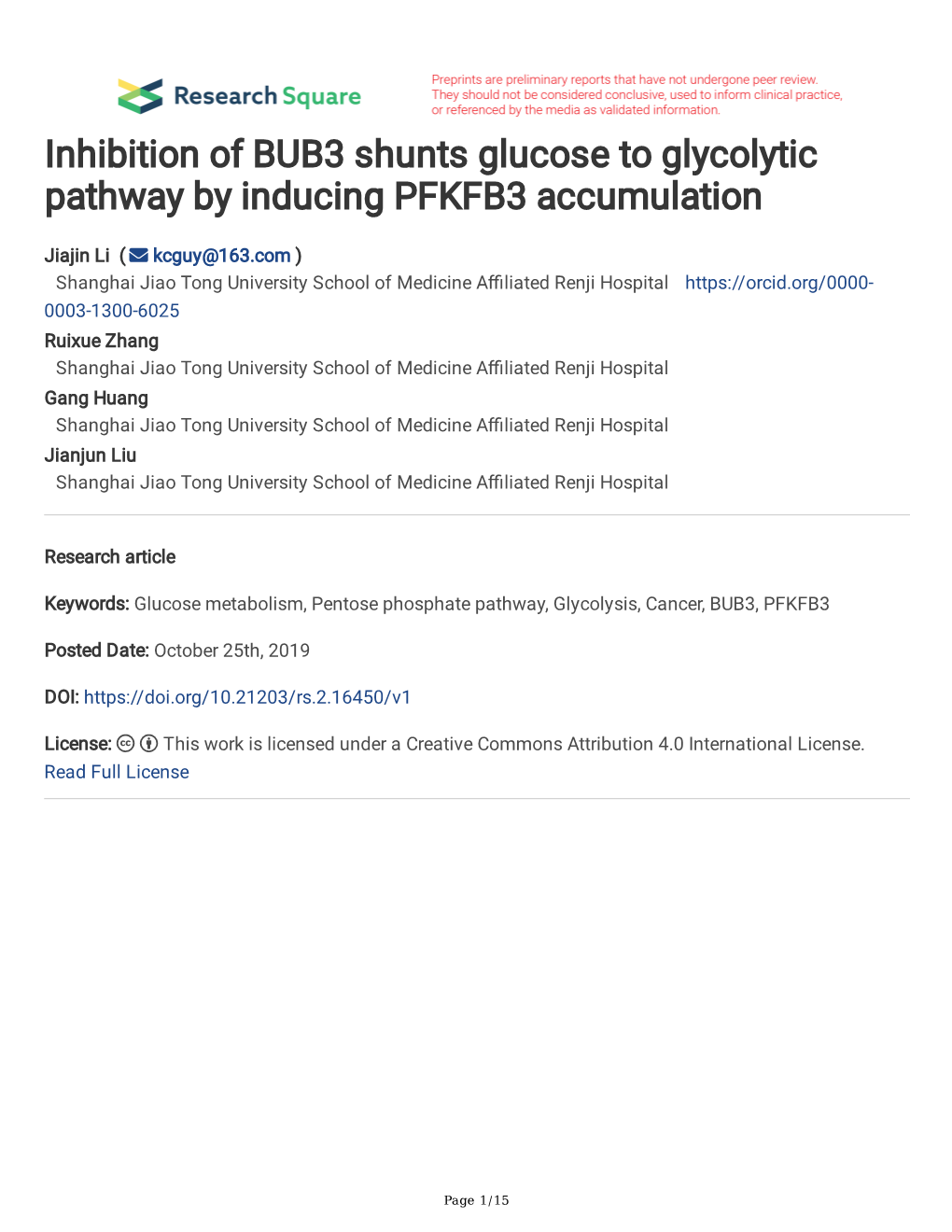 Inhibition of BUB3 Shunts Glucose to Glycolytic Pathway by Inducing PFKFB3 Accumulation