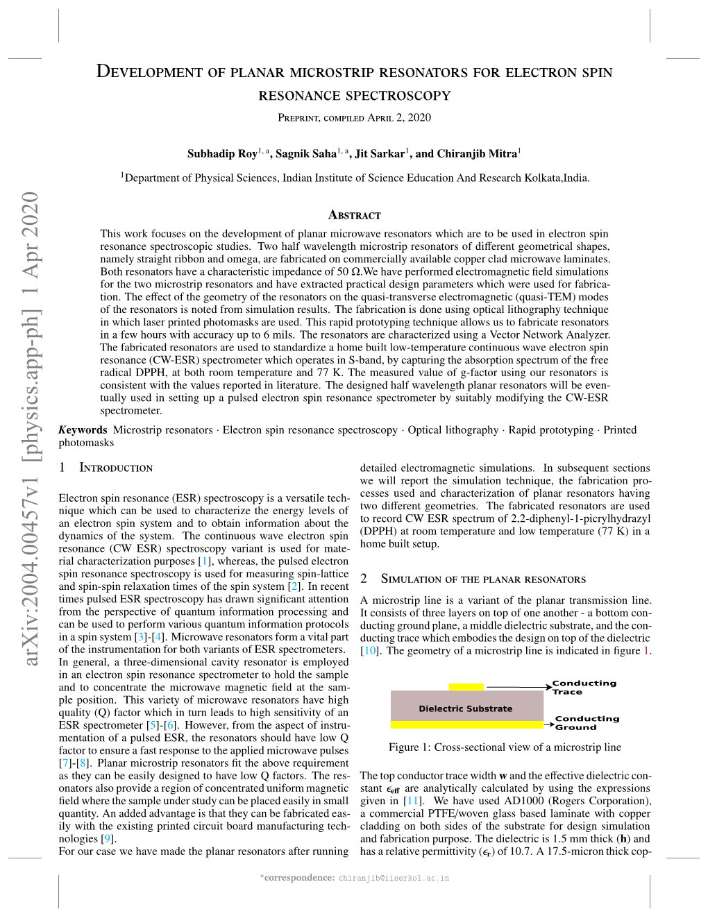 Development of Planar Microstrip Resonators for Electron Spin Resonance Spectroscopy 2 Per Cladding Is Present on Either Side of the Substrate