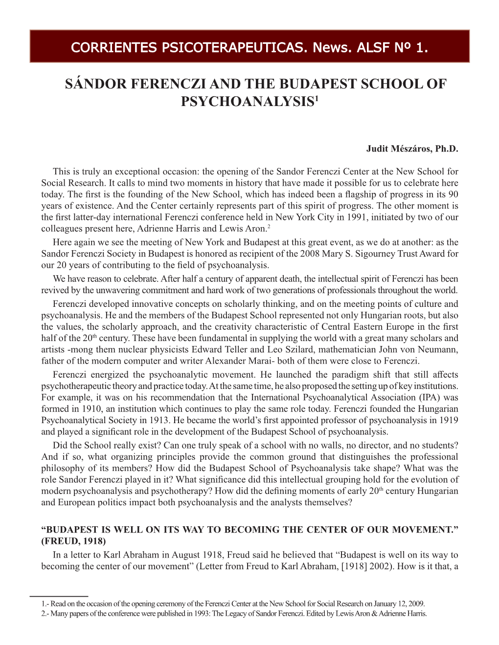 Sandor Ferenczi and the Budapest School of Phychoanalisis