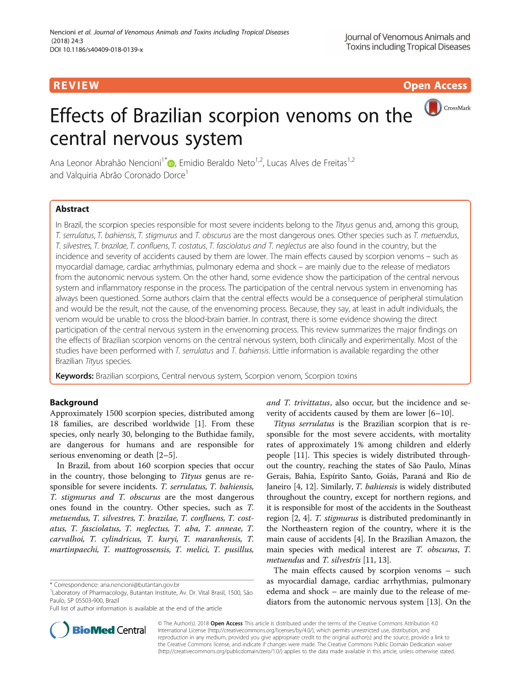 Effects of Brazilian Scorpion Venoms on the Central Nervous System