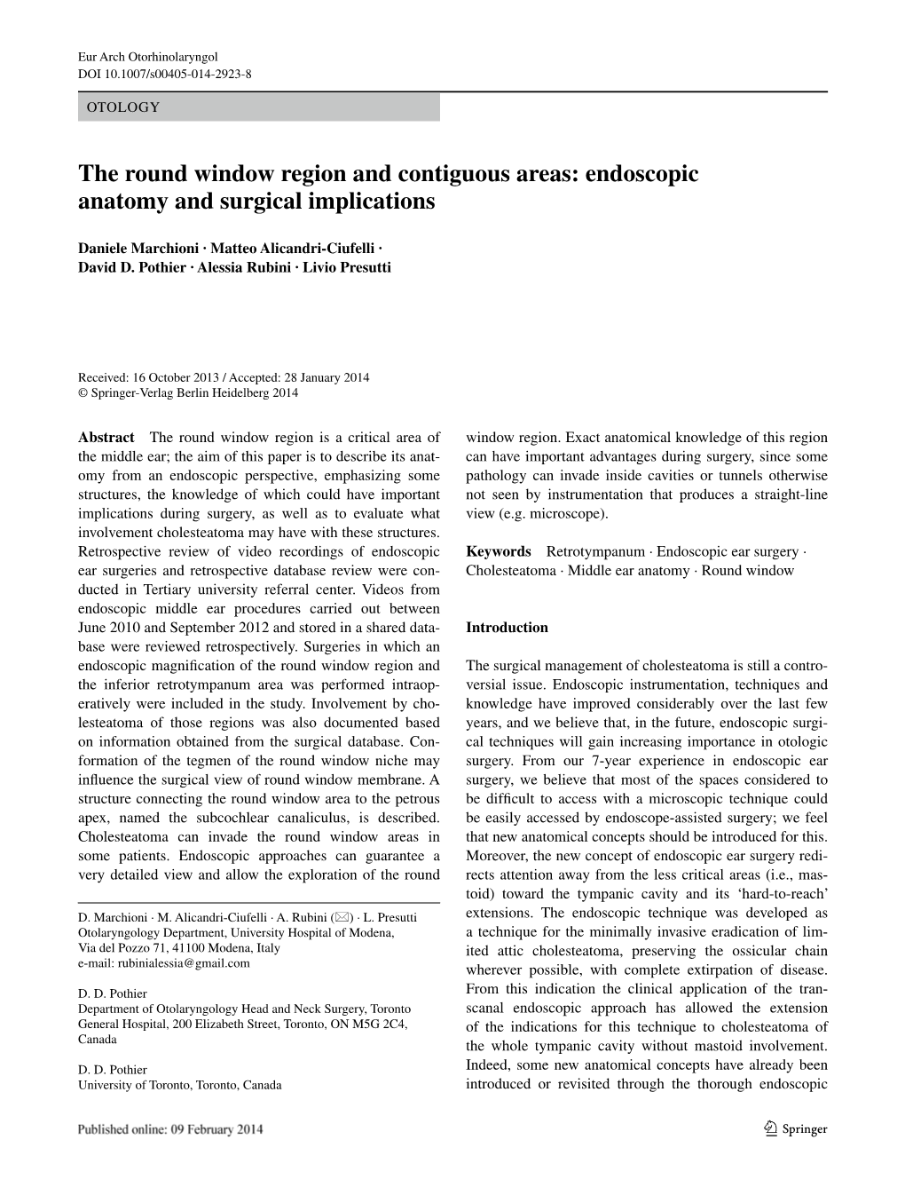 The Round Window Region and Contiguous Areas: Endoscopic Anatomy and Surgical Implications