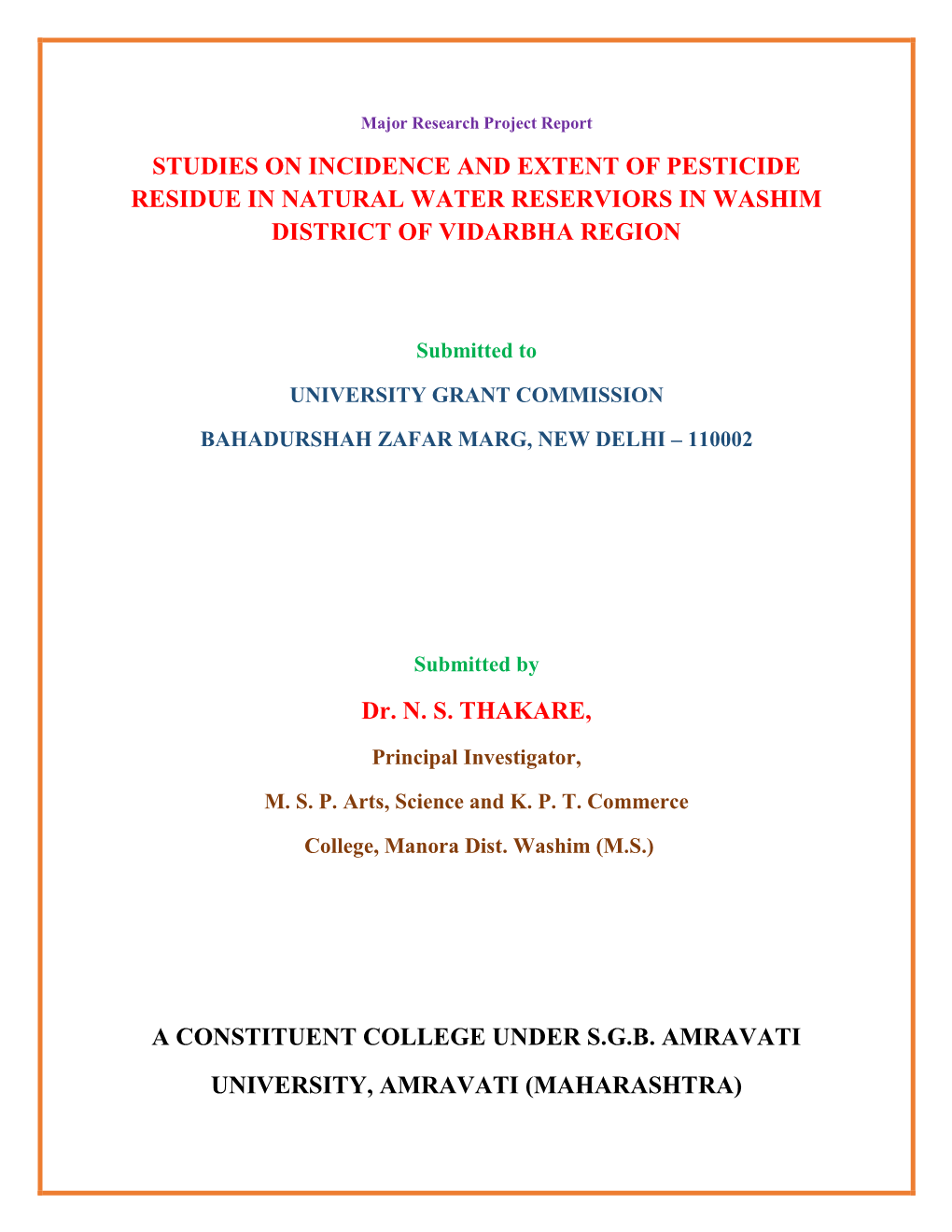 Major Research Project Report of Chemistry