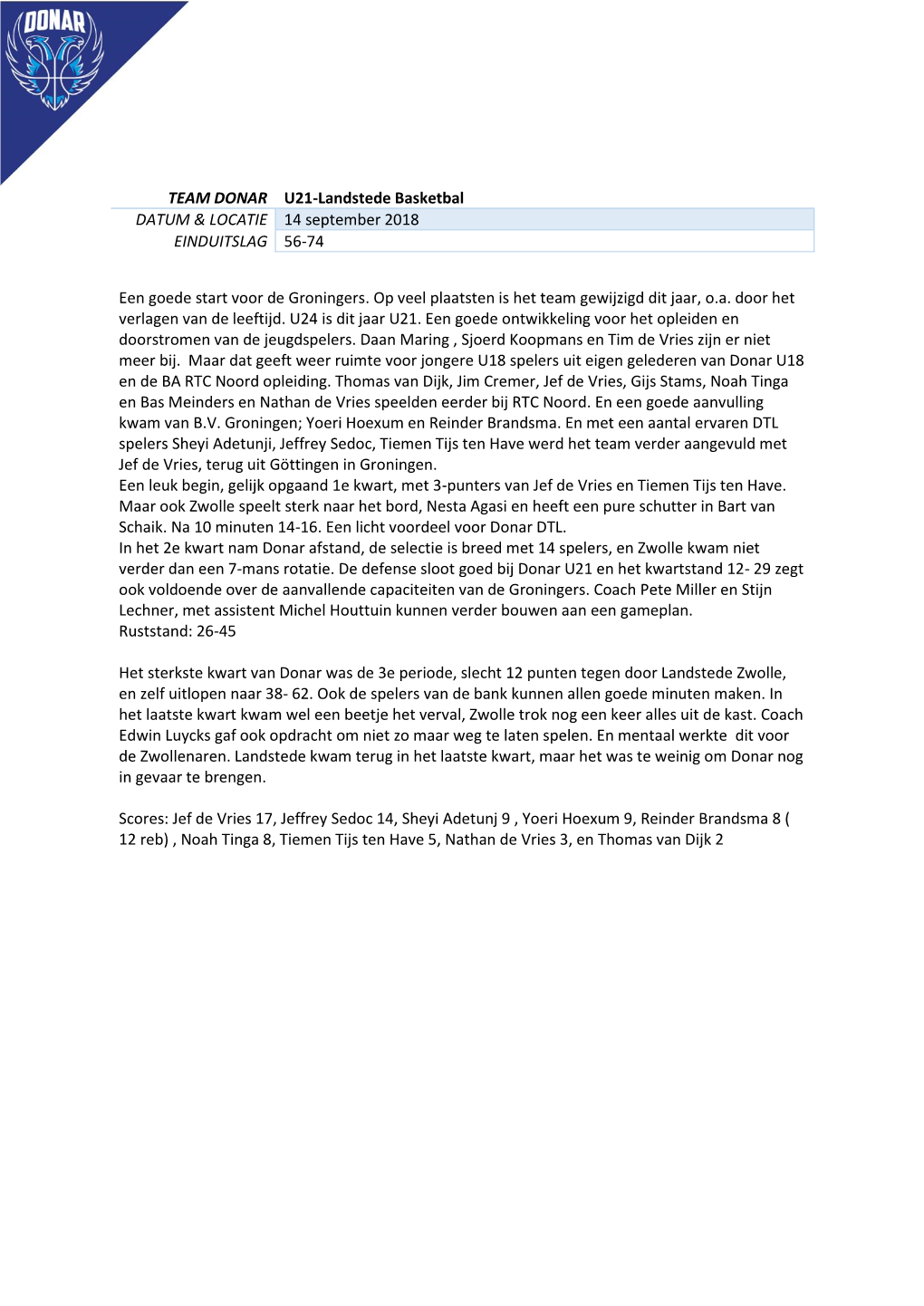 TEAM DONAR U21-Landstede Basketbal DATUM & LOCATIE 14 September 2018 EINDUITSLAG 56-74 Een Goede Start Voor De Groningers. O