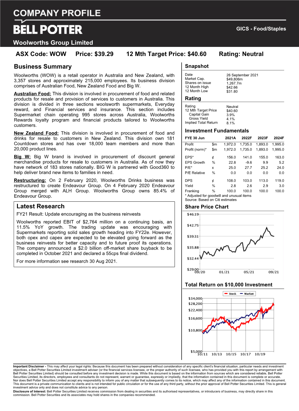 Woolworths Group Limited ASX Code: WOW Price: $39.29 12 Mth Target Price: $40.60 Rating: Neutral