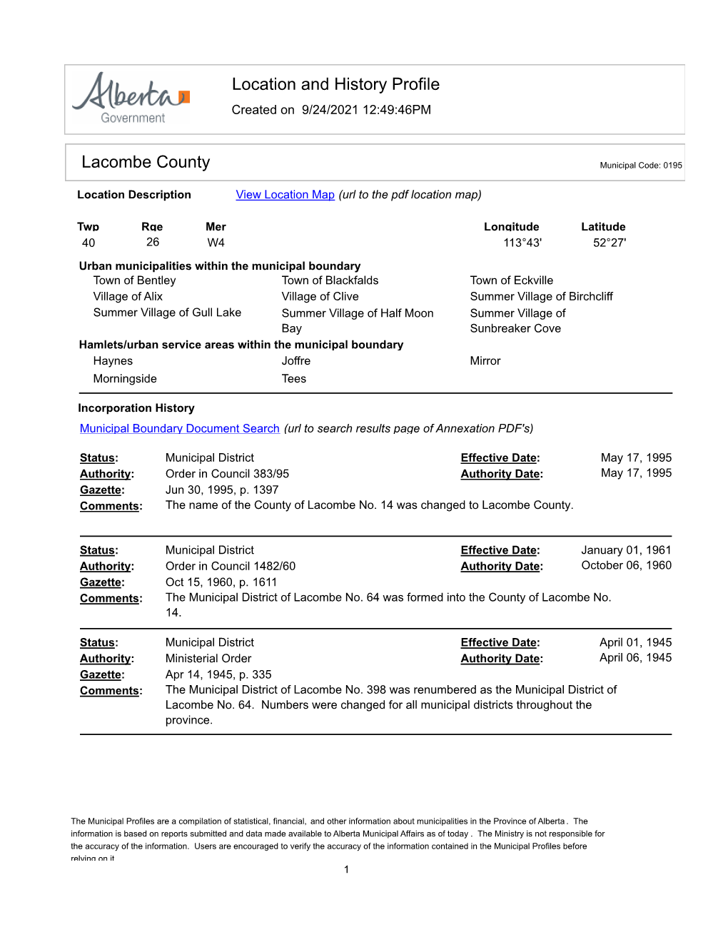 Location and History Profile Lacombe County