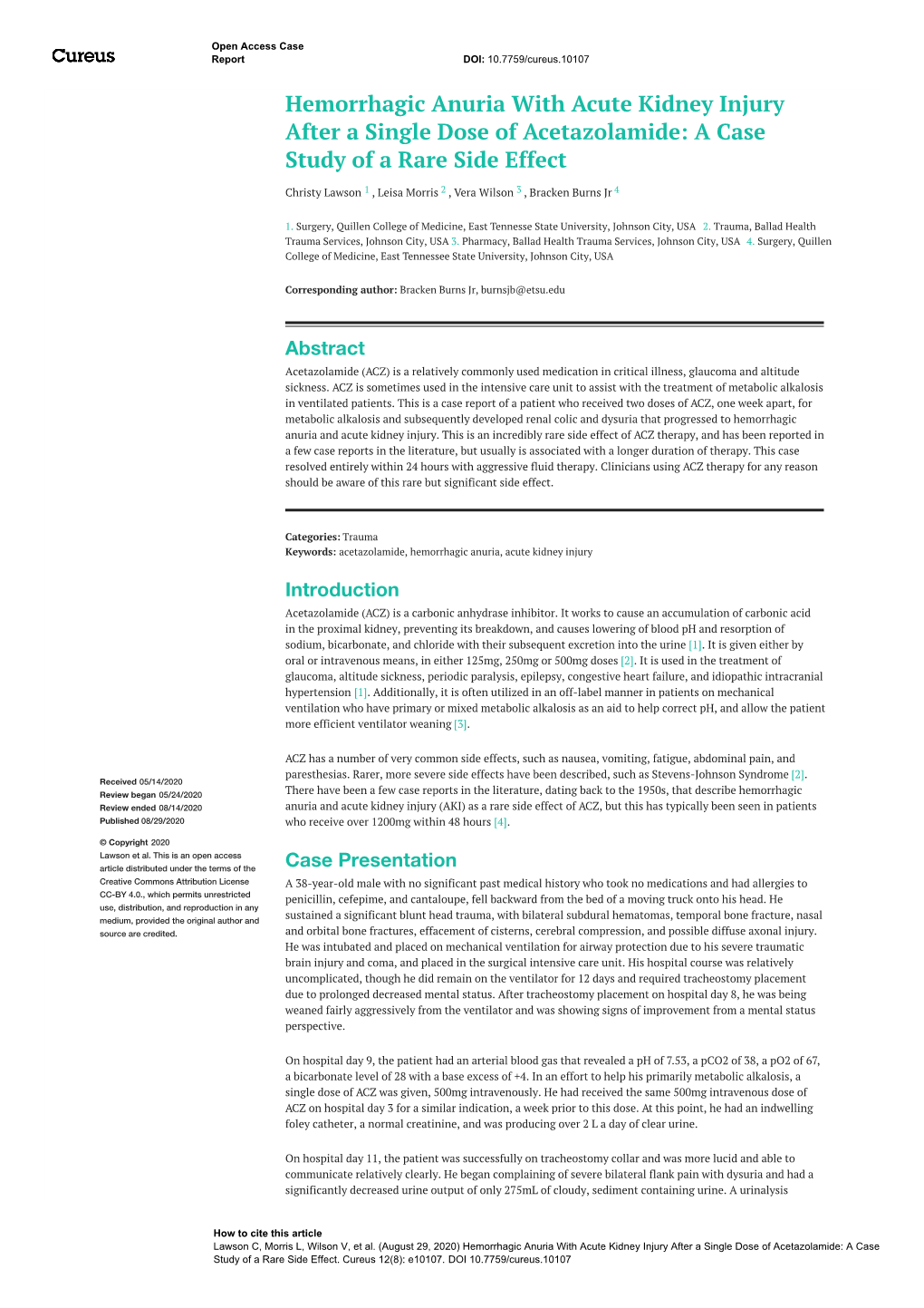 Hemorrhagic Anuria with Acute Kidney Injury After a Single Dose of Acetazolamide: a Case Study of a Rare Side Effect