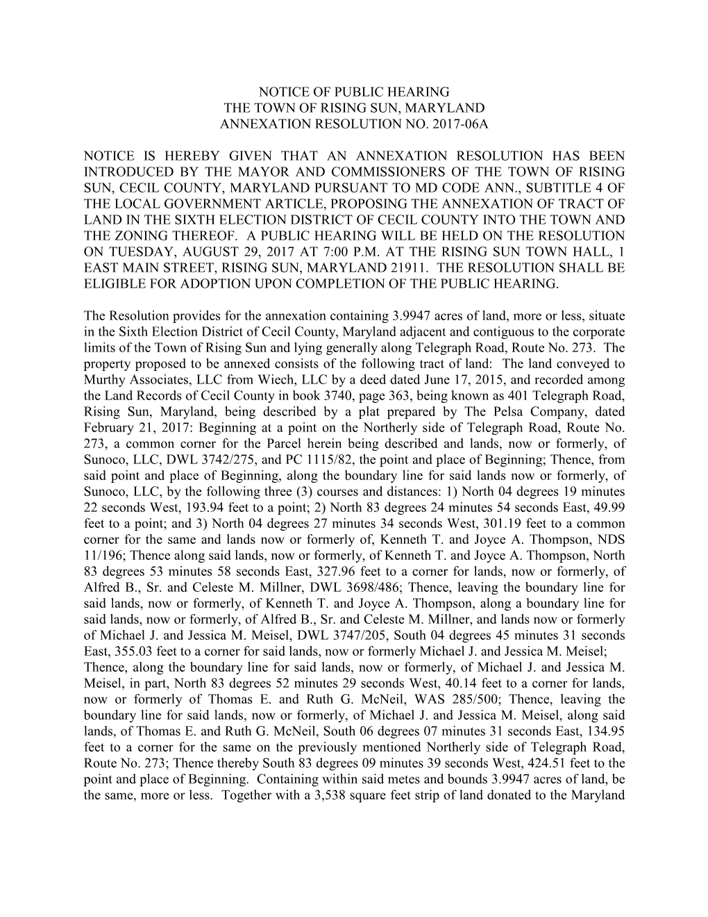 Notice of Public Hearing the Town of Rising Sun, Maryland Annexation Resolution No